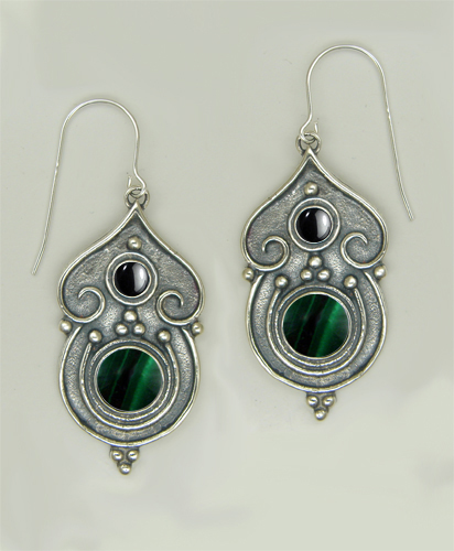 Sterling Silver Gothic Inspired Drop Dangle Earrings With Malachite And Hematite